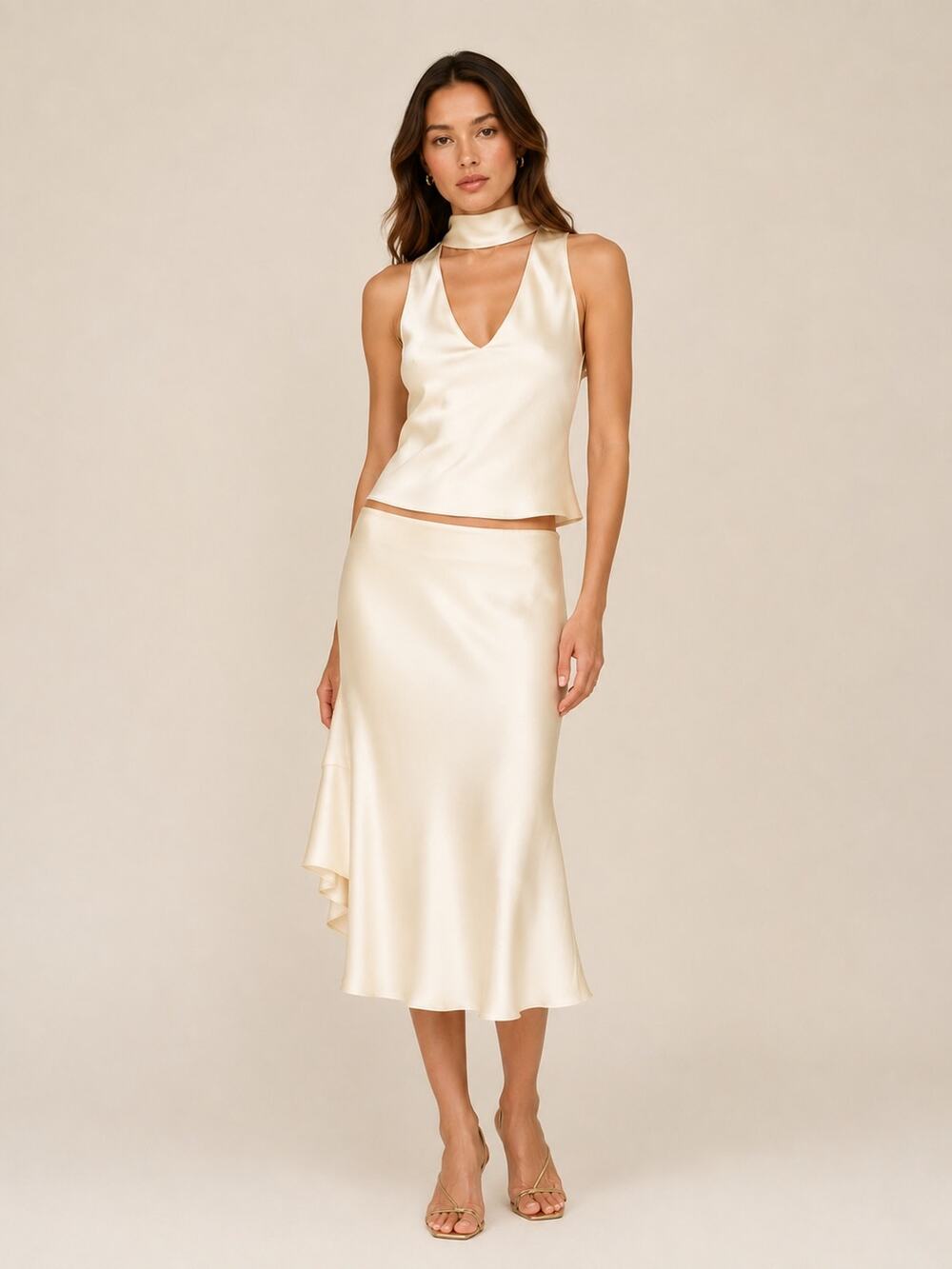 Reformation Pomelle Silk Two Piece Almond M